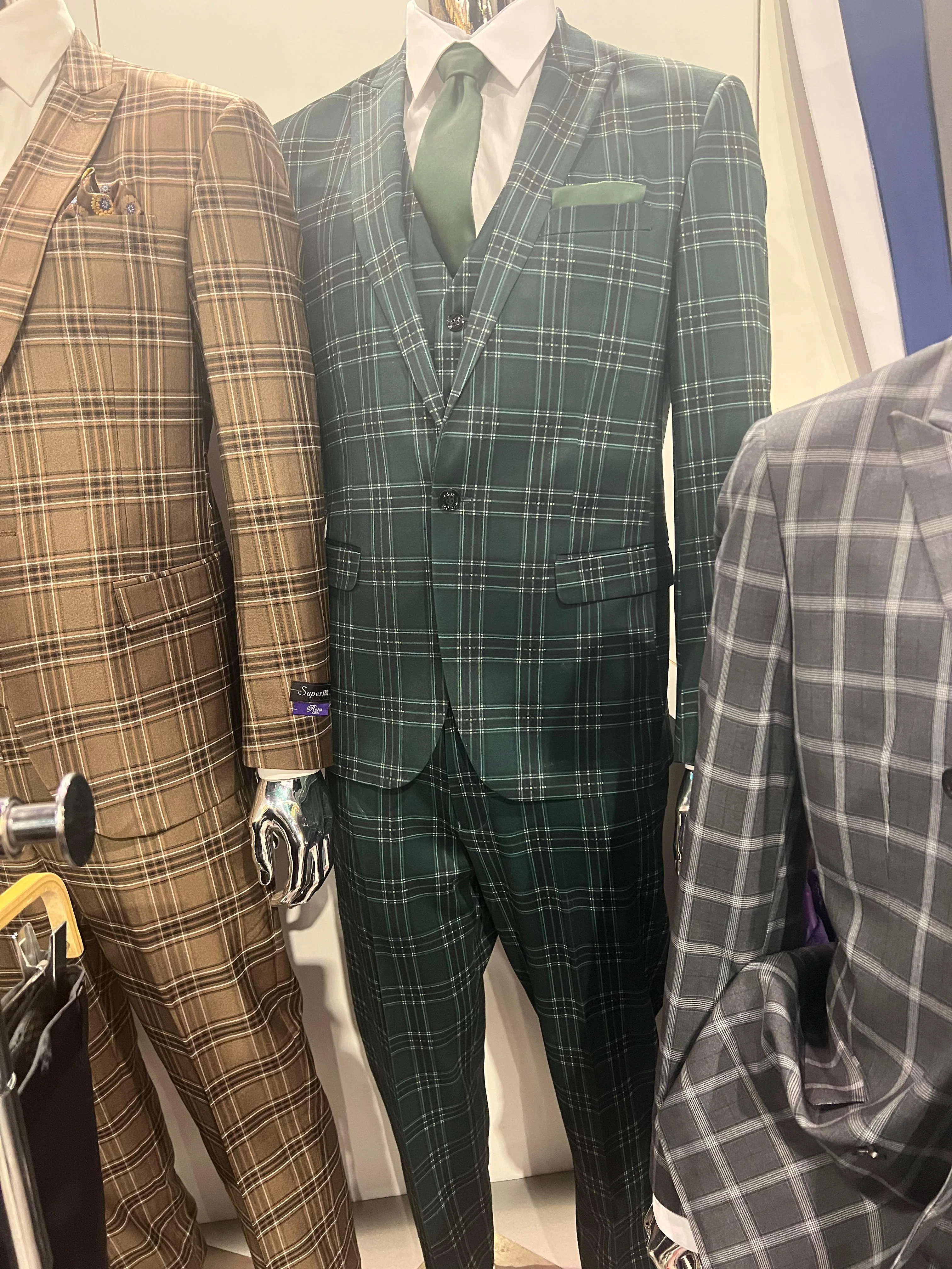 Men's Dark Green Plaid 3 Piece Suit – Checkered Suit Set for Wedding, Windowpane Tartan Fabric - Ultra Slim Fit - Image 10