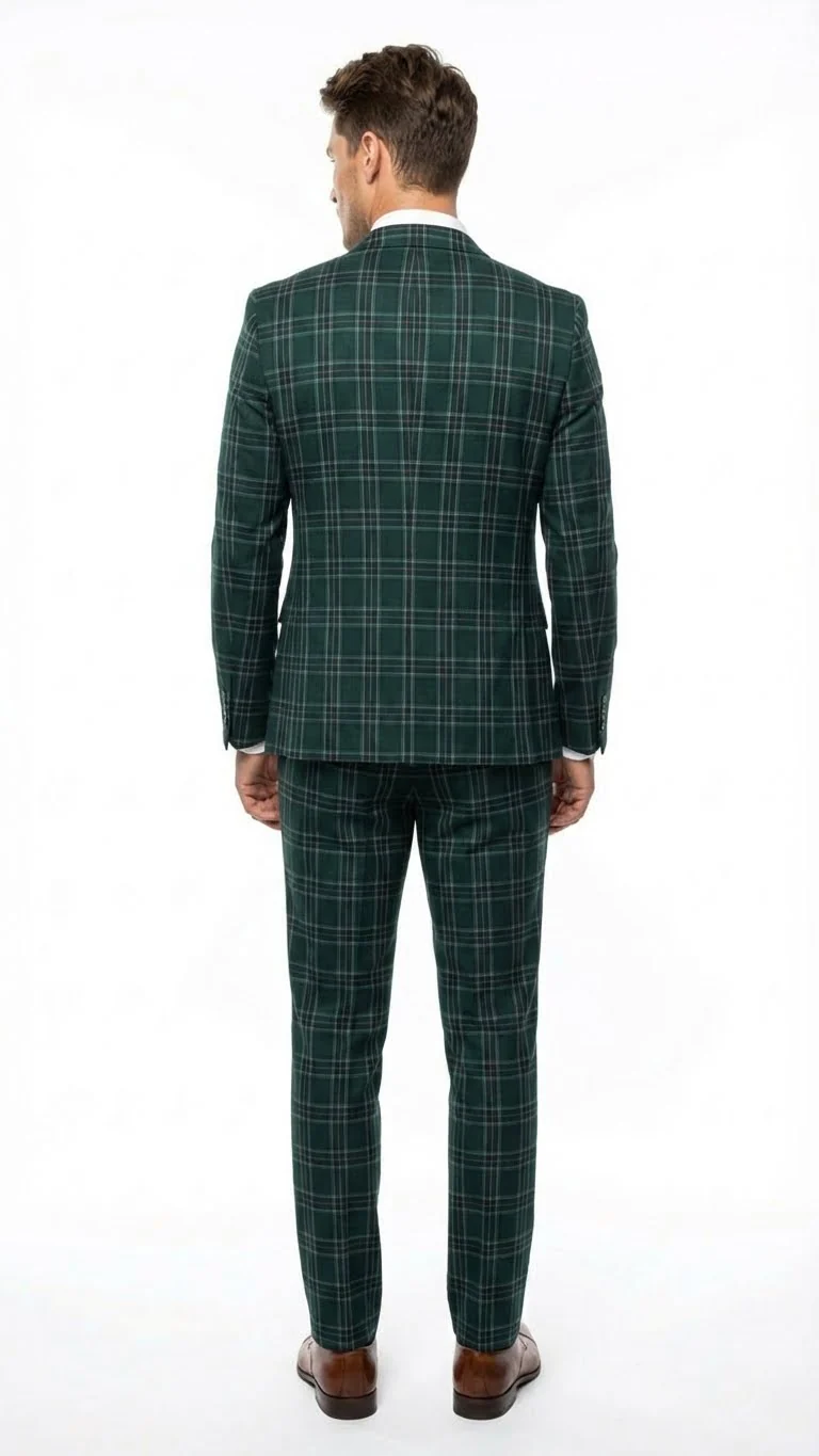 Men's Dark Green Plaid 3 Piece Suit – Checkered Suit Set for Wedding, Windowpane Tartan Fabric - Ultra Slim Fit - Image 2