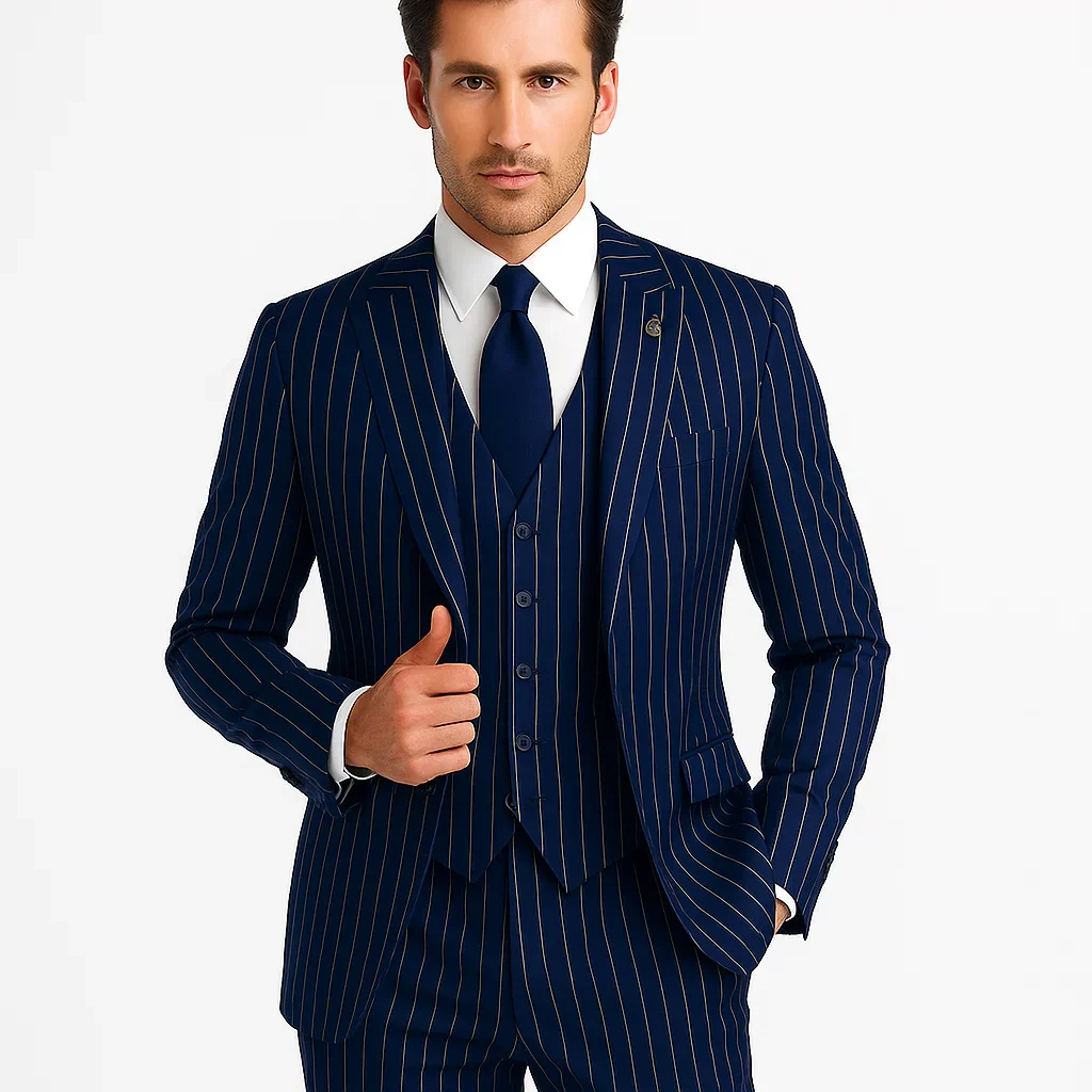 Men's Dark Navy Blue ~ White Mars Vested Peak Lapel Gangster Bold PinStripe Suit - Image 2