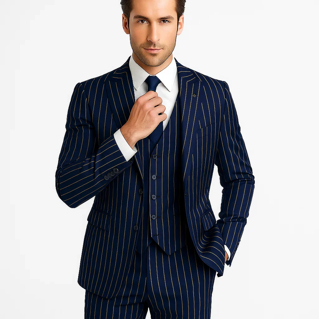 Men's Dark Navy Blue ~ White Mars Vested Peak Lapel Gangster Bold PinStripe Suit - Image 7