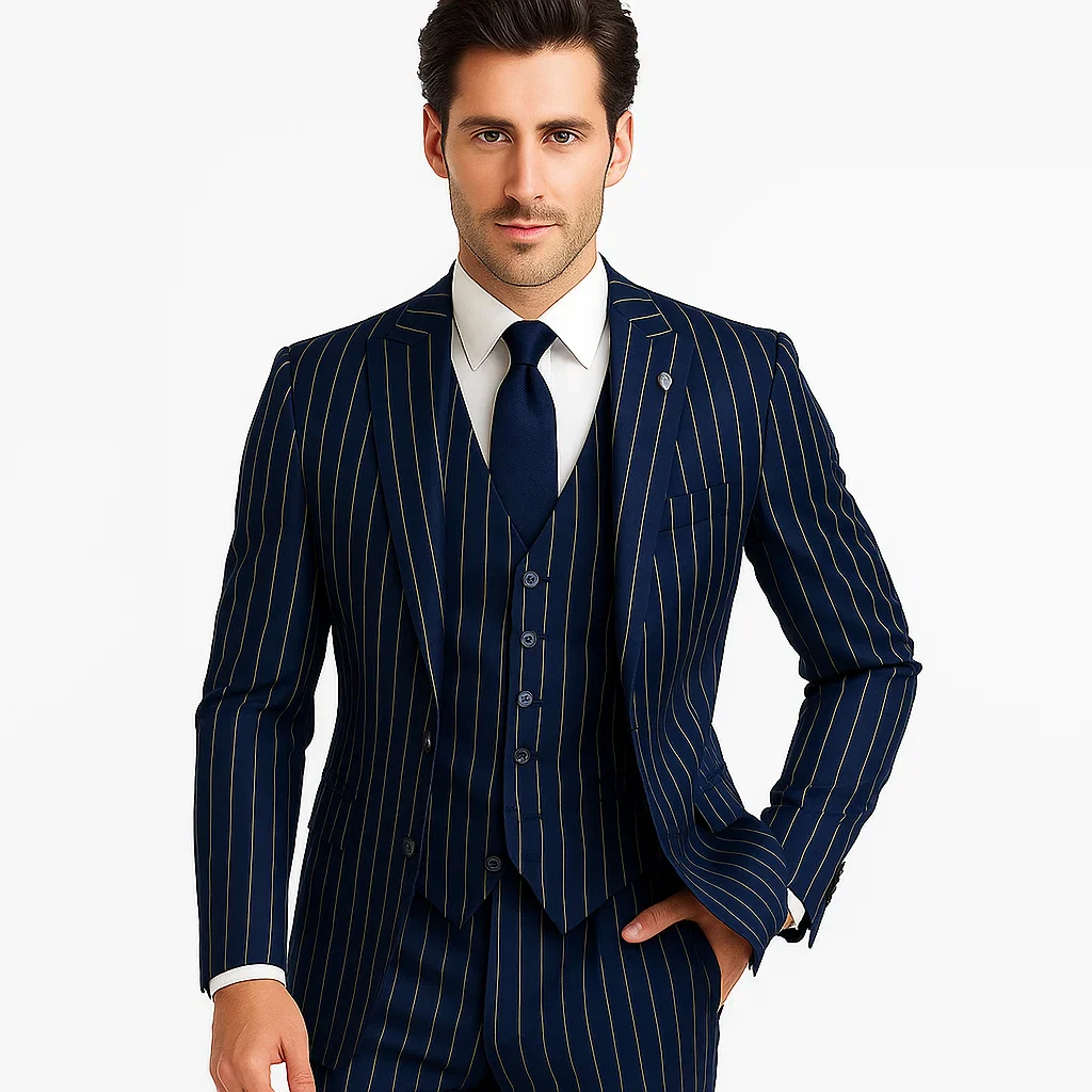 Men's Dark Navy Blue ~ White Mars Vested Peak Lapel Gangster Bold PinStripe Suit - Image 8