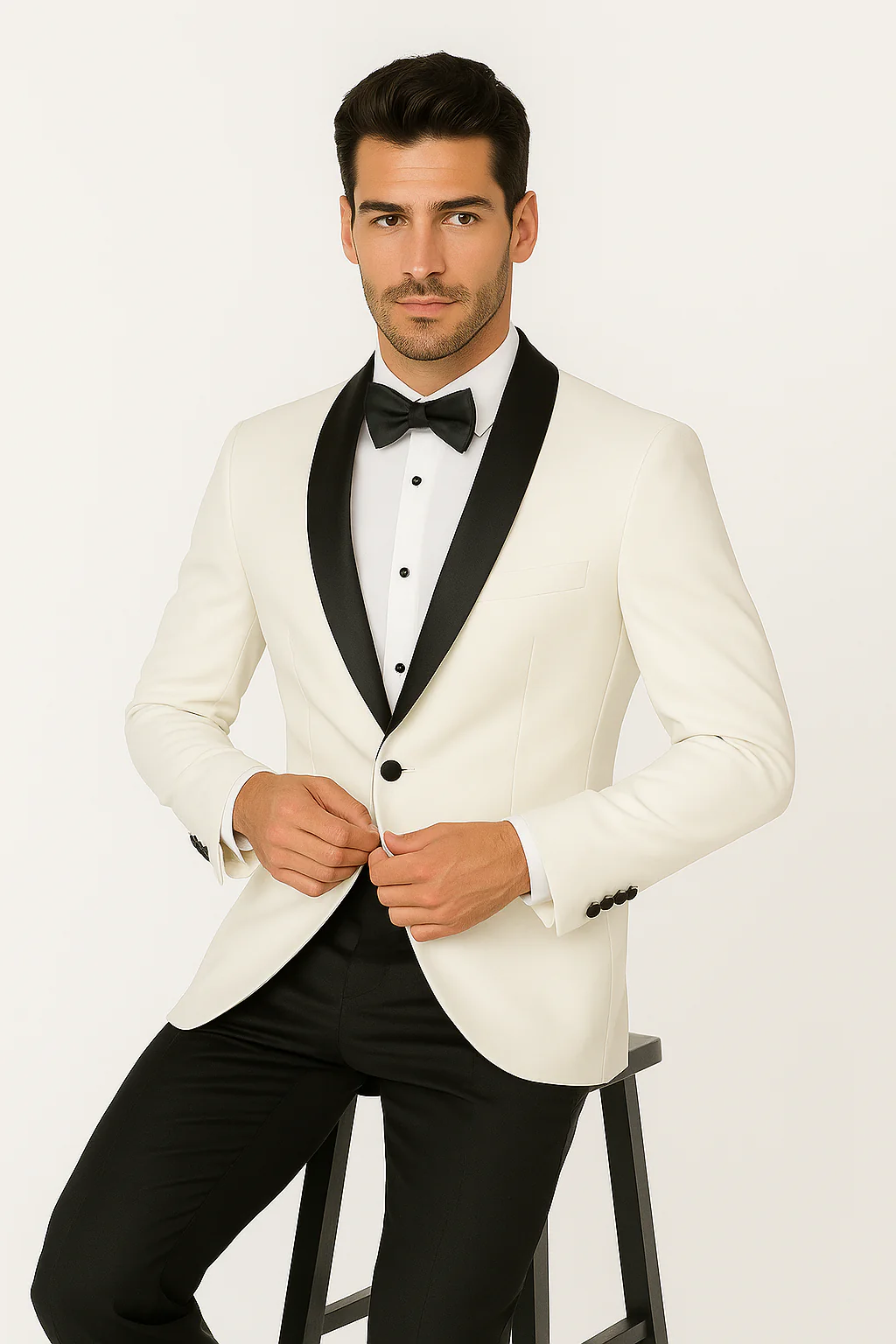 Mens Designer Ivory & Black Traditional Shawl Dinner Jacket - Image 5