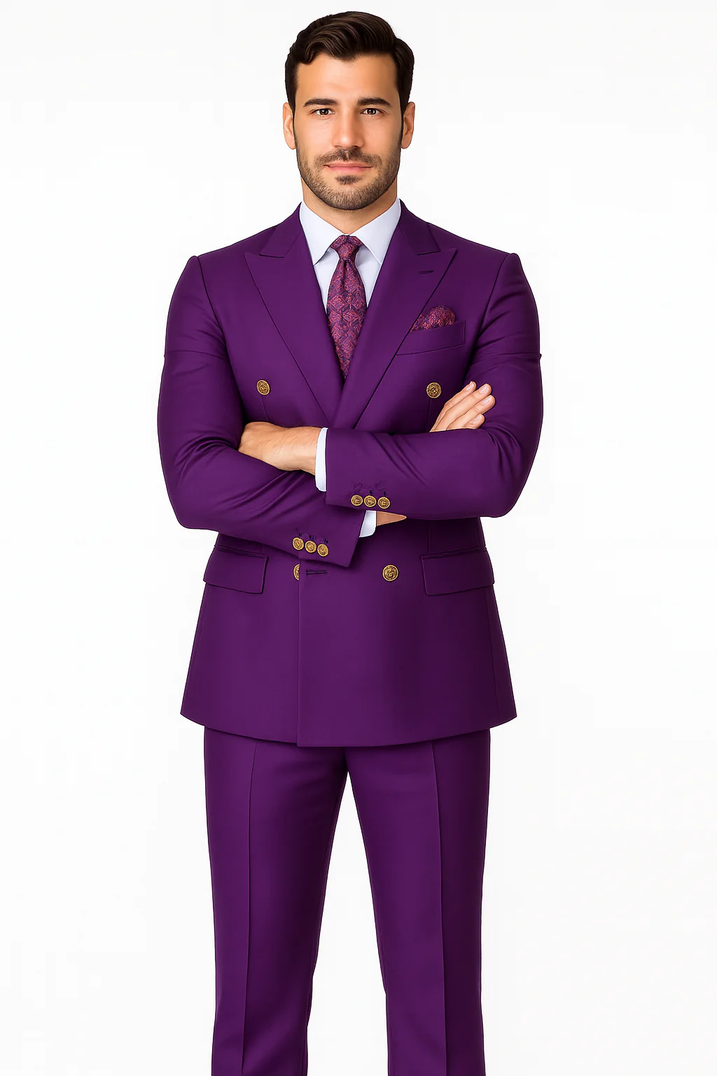 Mens Designer Modern Fit Double Breasted Wool Suit with Gold Buttons in Purple - Image 2