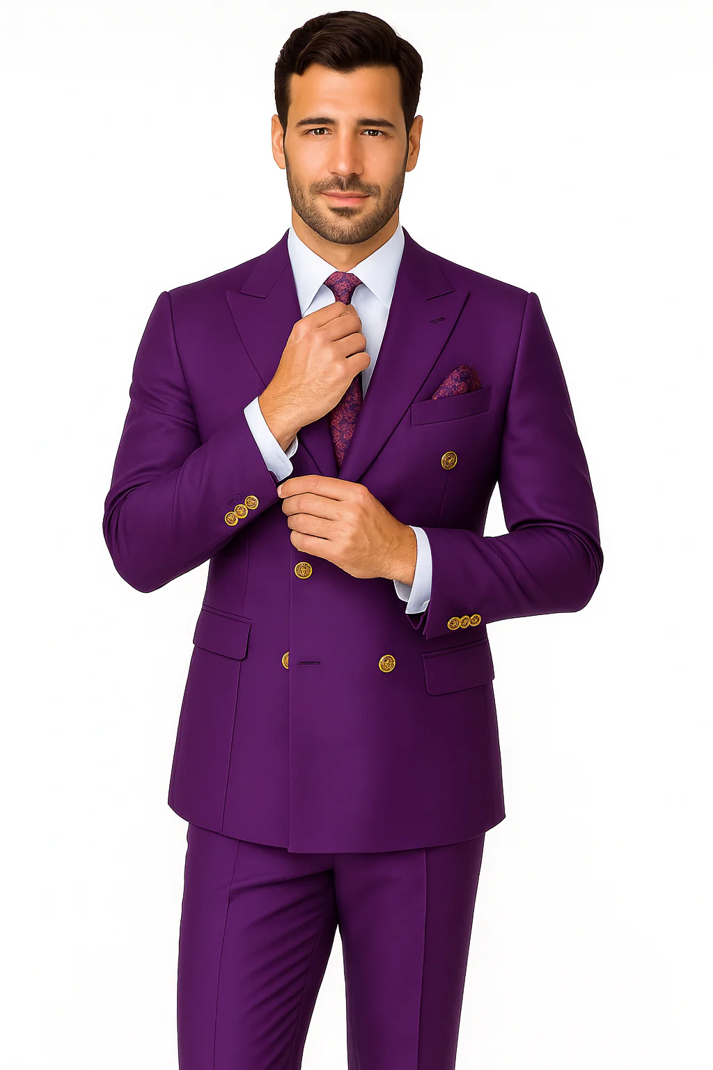 Mens Designer Modern Fit Double Breasted Wool Suit with Gold Buttons in Purple - Image 7