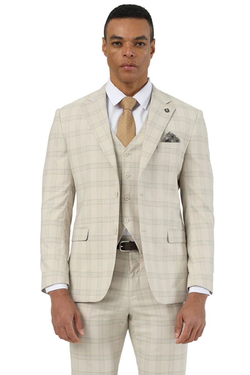 Men's Designer Stacy Adams Vested Glen Plaid Suit in Beige - Image 5