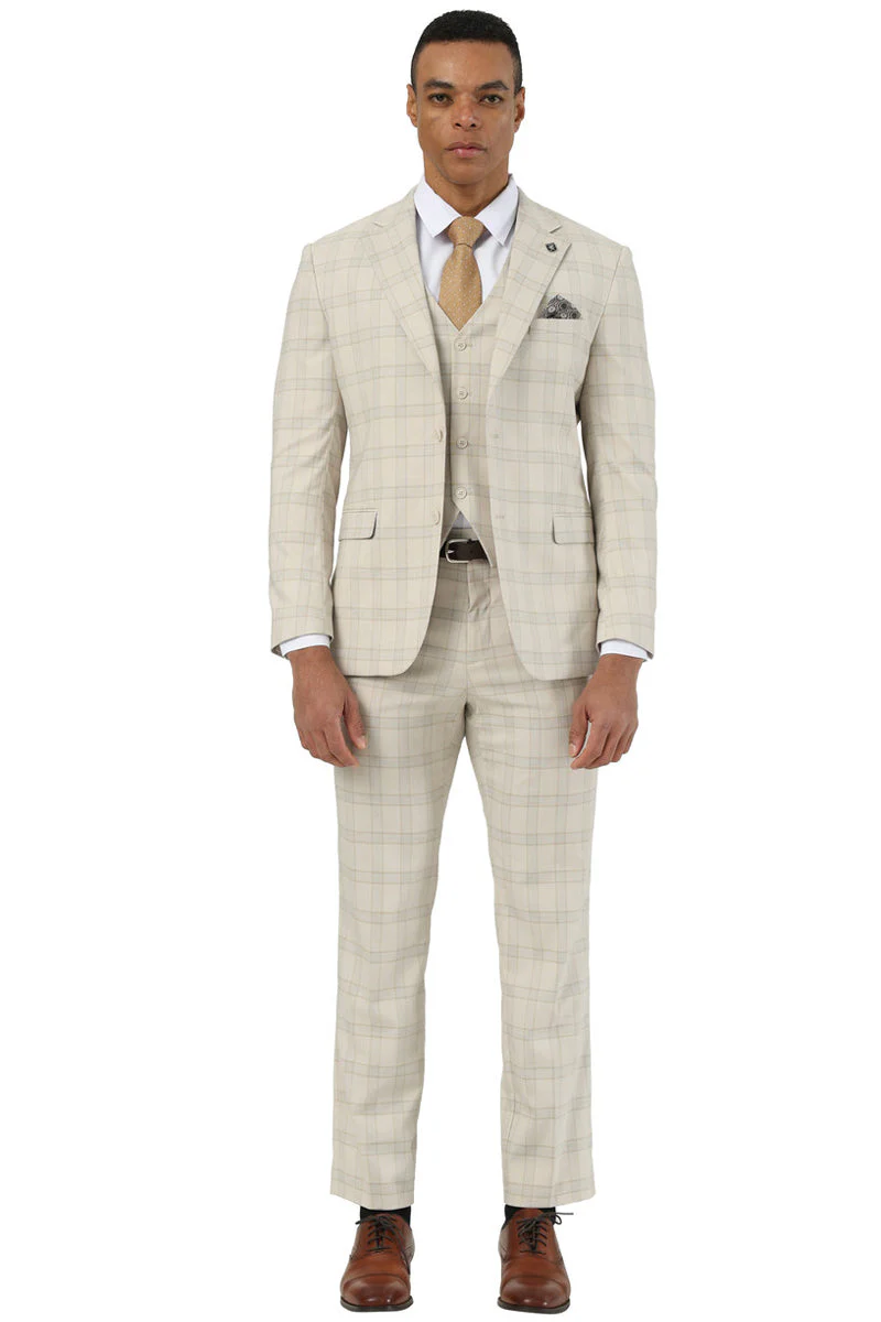 Men's Designer Stacy Adams Vested Glen Plaid Suit in Beige - Image 6