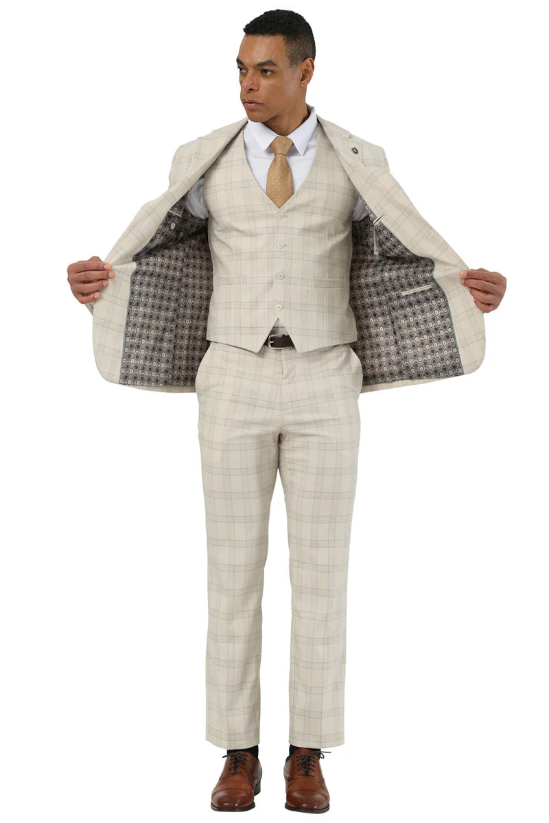 Men's Designer Stacy Adams Vested Glen Plaid Suit in Beige - Image 8