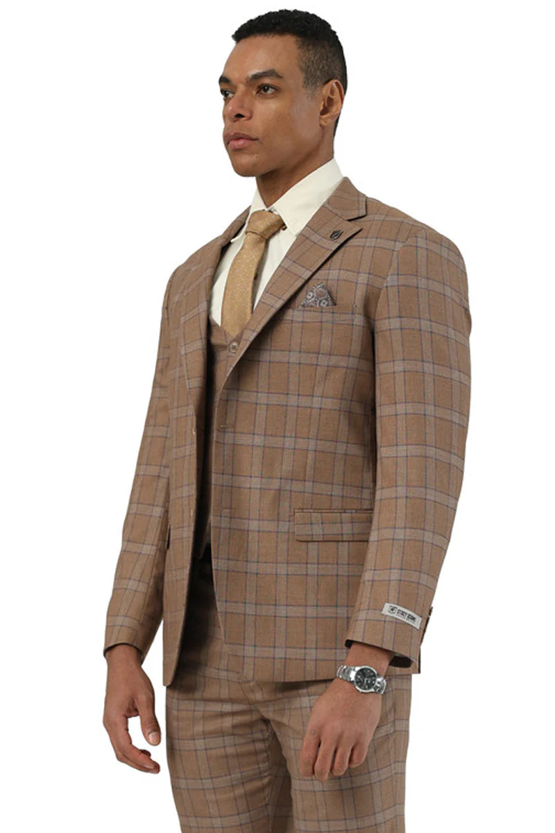 Men's Designer Stacy Adams Vested Glen Plaid Suit in Brown - Image 5