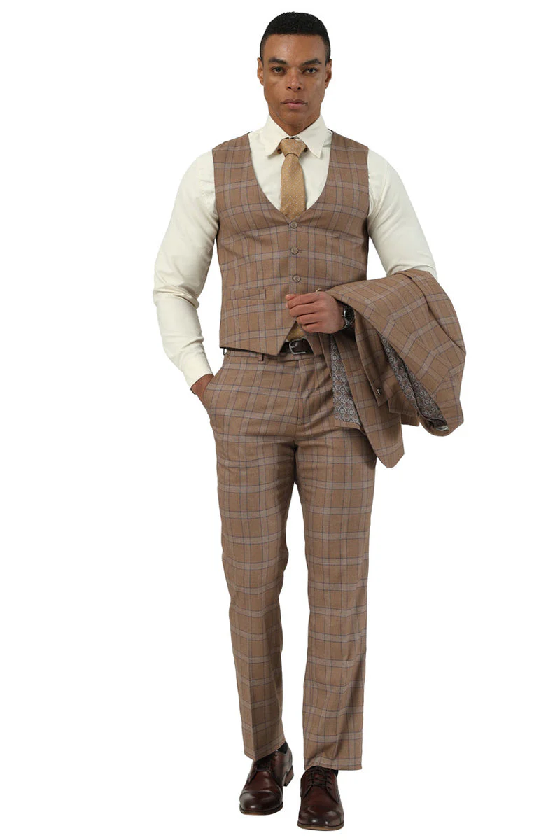 Men's Designer Stacy Adams Vested Glen Plaid Suit in Brown - Image 7