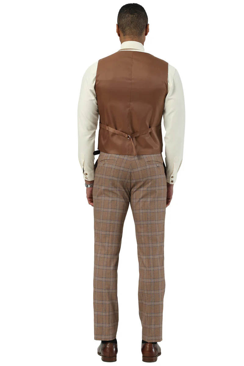 Men's Designer Stacy Adams Vested Glen Plaid Suit in Brown - Image 8