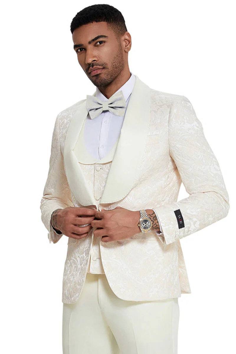 Mens Designer Wedding & Prom Shawl Lapel Vested Paisley Tuxedo in Ivory - Image 2