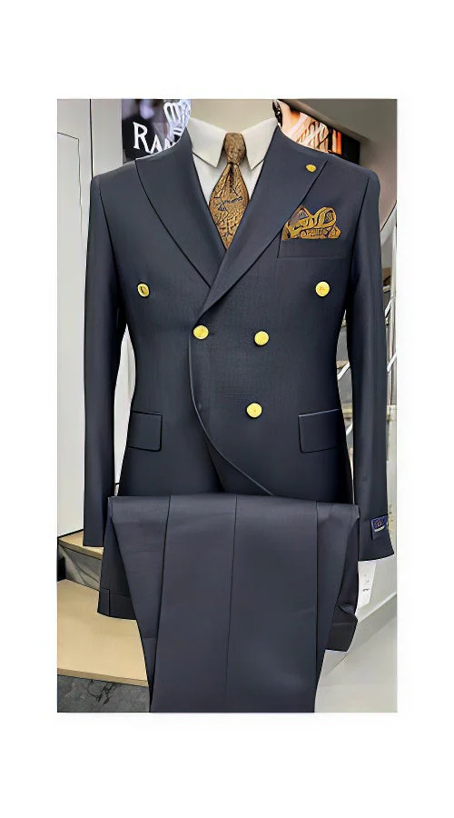 Mens Double Breasted Blazer - Wool Navy Blue Sport Coat With Gold Buttons