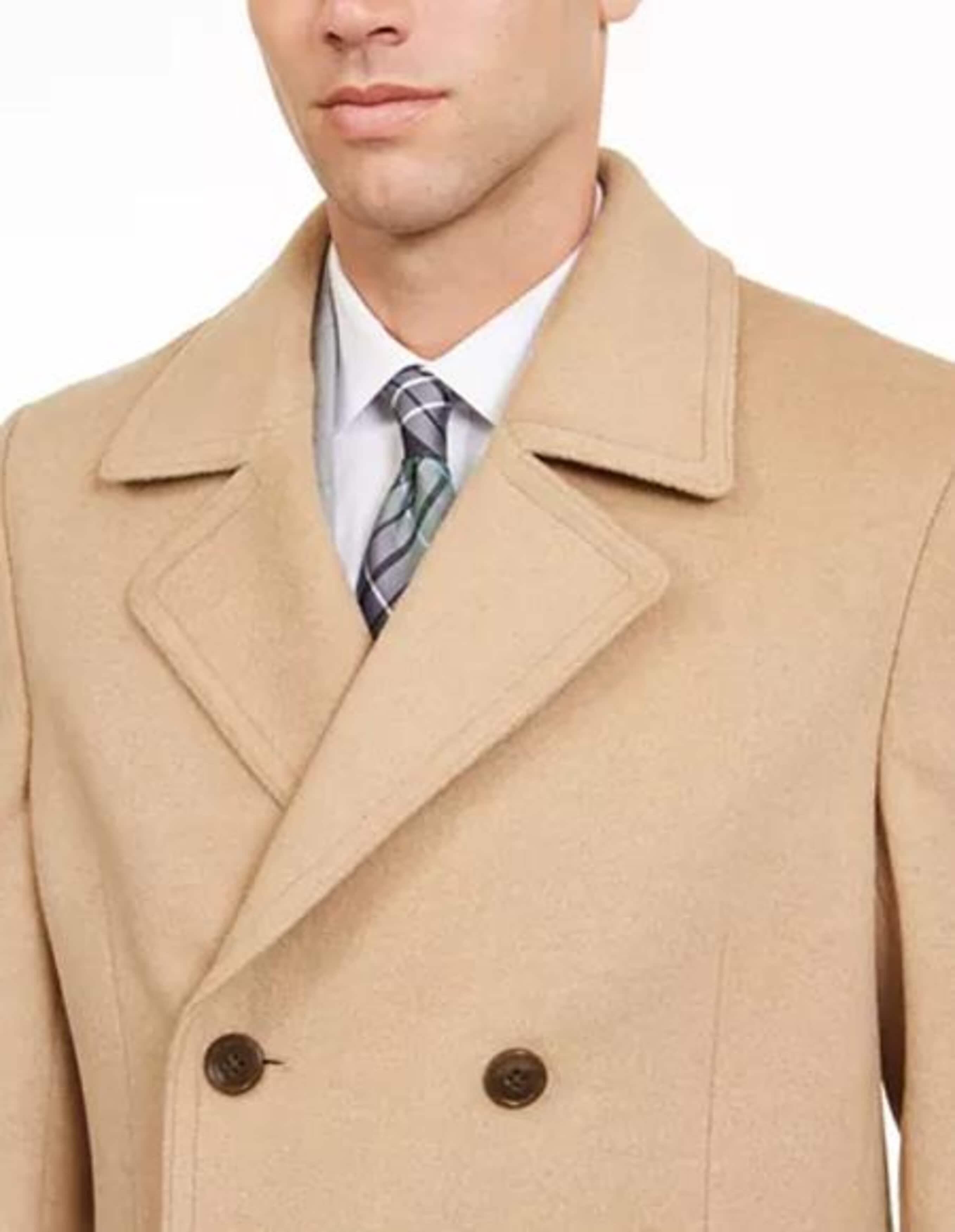 Men's Double Breasted Camel Peacoat - 3/4 Three Quarter Car Coat - Wool Topcoat - Image 3