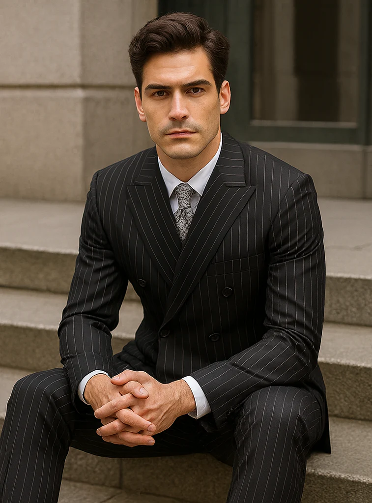 Mens Double Breasted Gangster Bold Pinstripe Suit in Black - Image 4