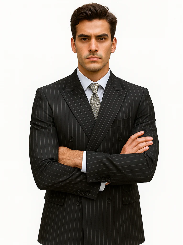 Mens Double Breasted Gangster Bold Pinstripe Suit in Black - Image 5