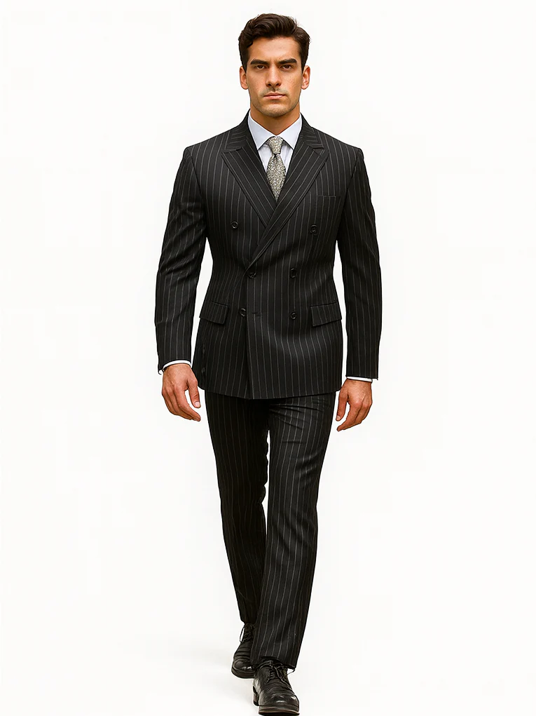 Mens Double Breasted Gangster Bold Pinstripe Suit in Black - Image 6