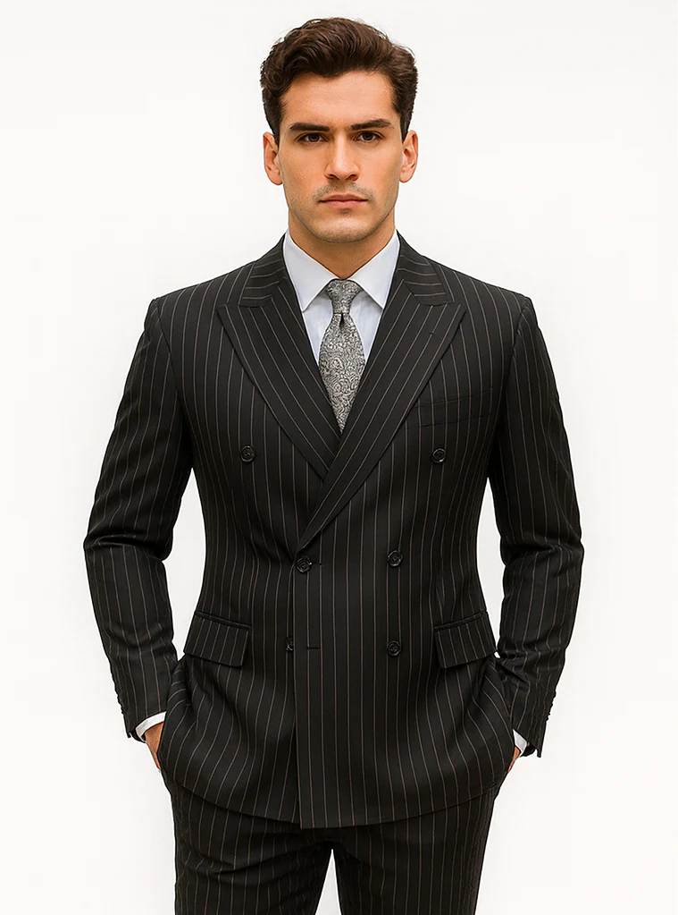 Mens Double Breasted Gangster Bold Pinstripe Suit in Black - Image 7