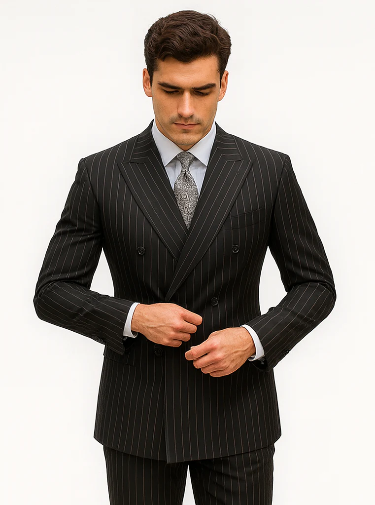 Mens Double Breasted Gangster Bold Pinstripe Suit in Black - Image 8