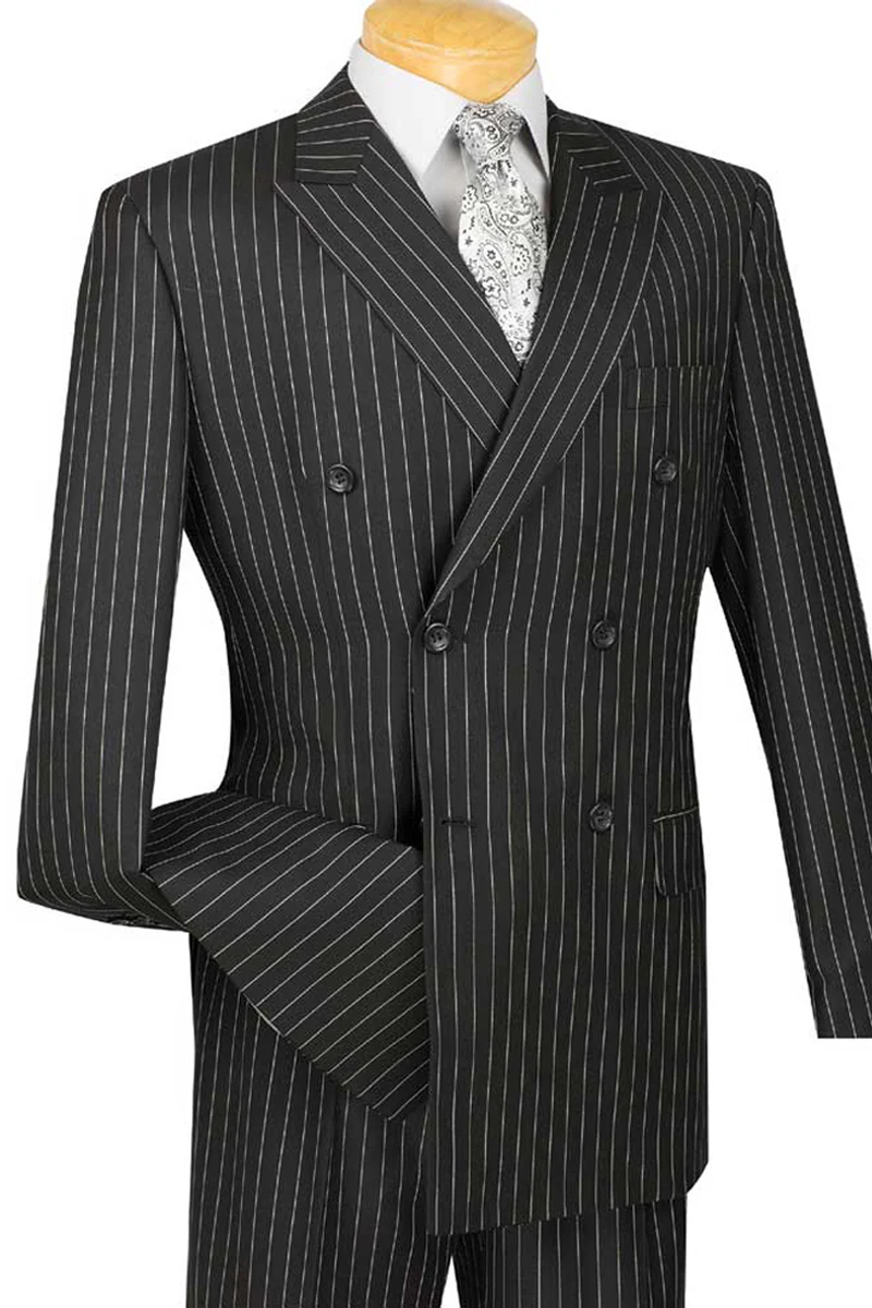 Mens Double Breasted Gangster Bold Pinstripe Suit in Black - Image 9