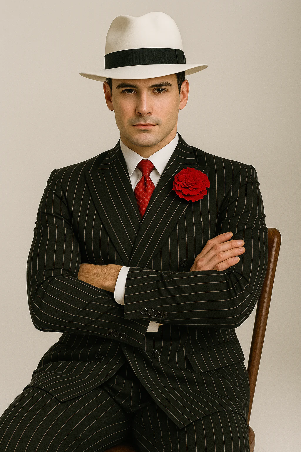 Mens Double Breasted Gangster Pinstripe Six Button Suit in black - Image 3