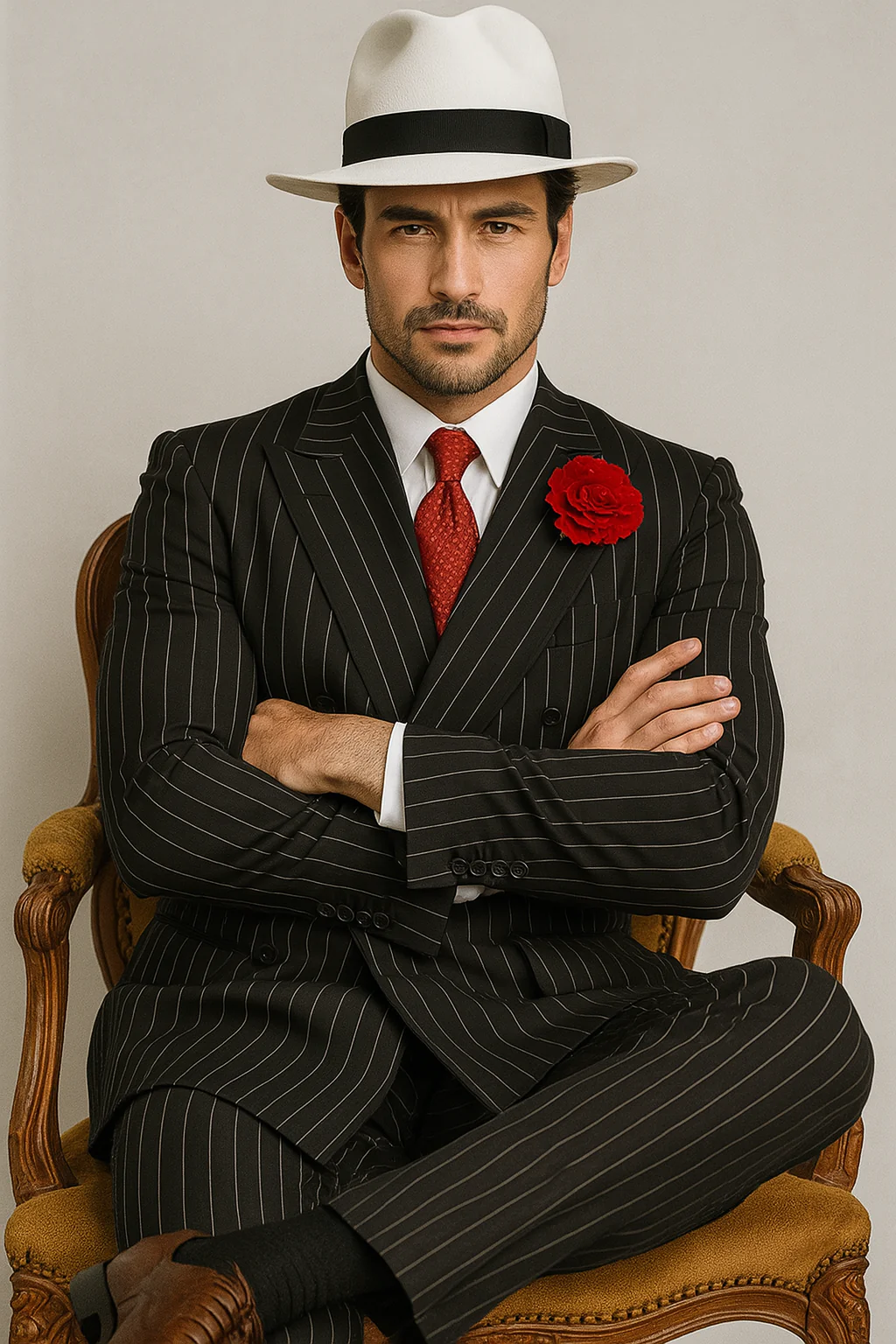 Mens Double Breasted Gangster Pinstripe Six Button Suit in black - Image 4