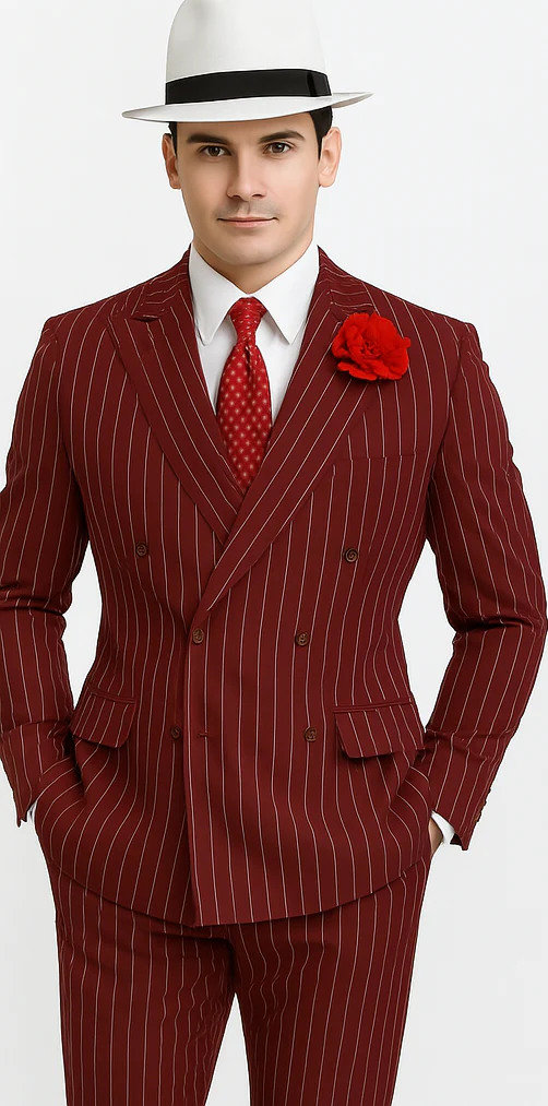 Mens Double Breasted Gangster Pinstripe Six Button Suit in black - Image 5