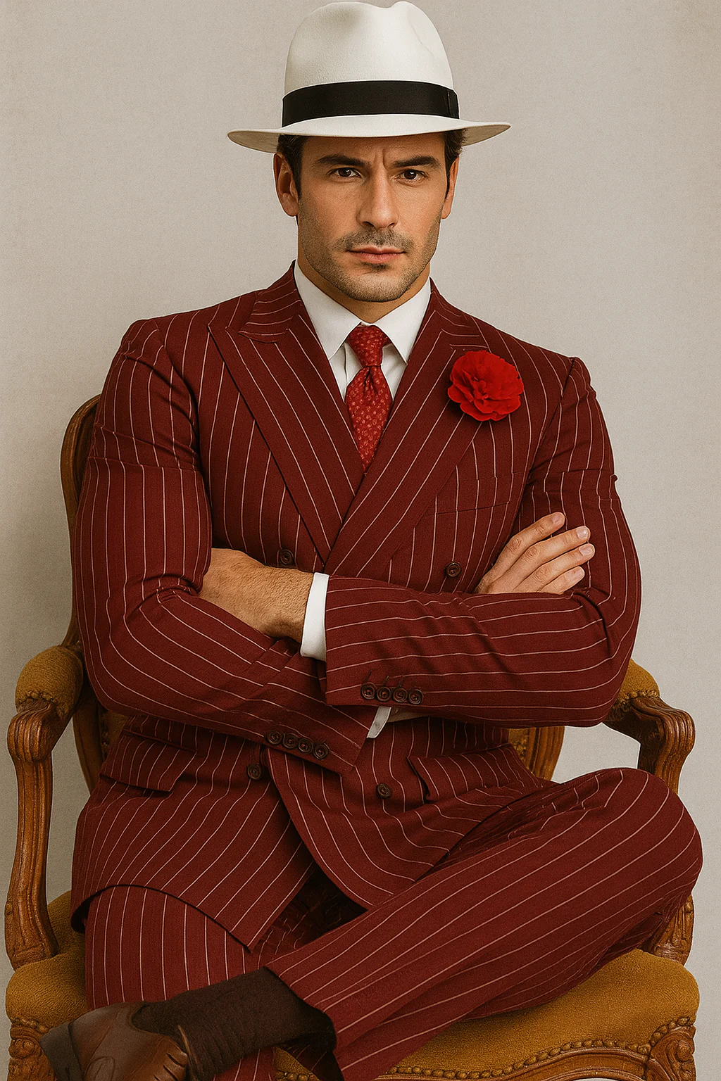 Mens Double Breasted Gangster Pinstripe Six Button Suit in black - Image 7