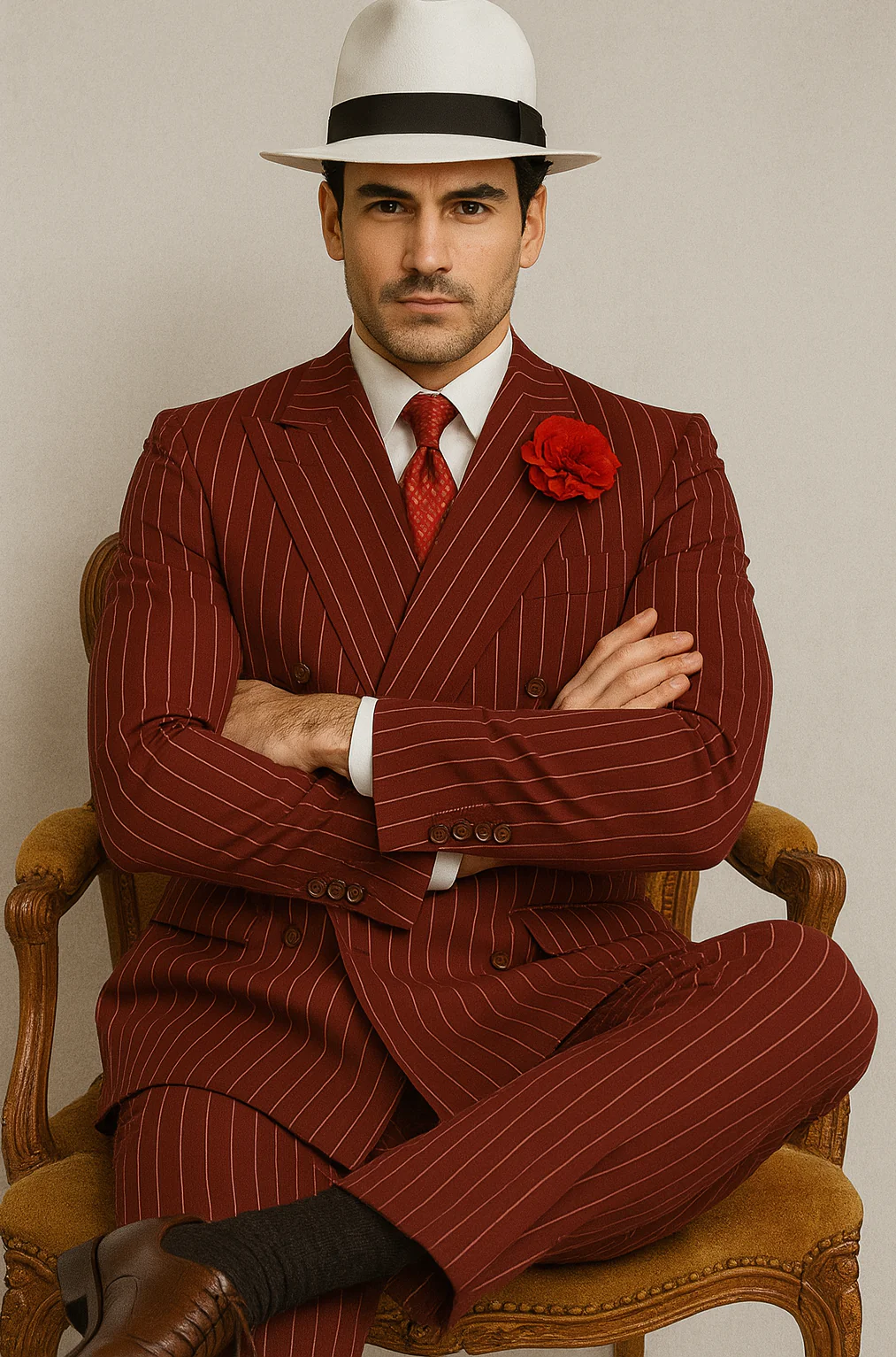 Mens Double Breasted Gangster Pinstripe Six Button Suit in black - Image 8