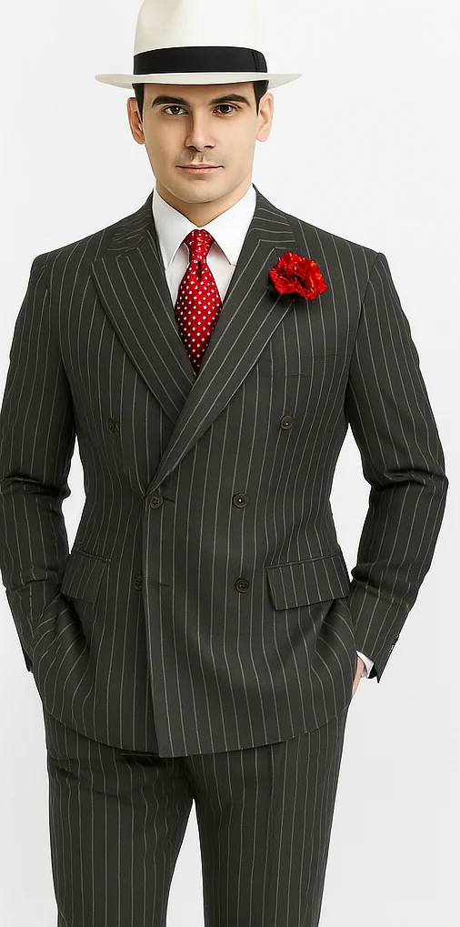 Mens Double Breasted Gangster Pinstripe Six Button Suit in Charcoal and Olive