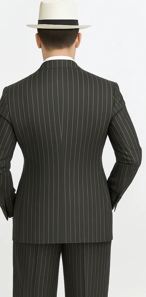 Mens Double Breasted Gangster Pinstripe Six Button Suit in Charcoal and Olive - Image 2