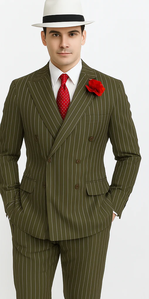 Mens Double Breasted Gangster Pinstripe Six Button Suit in Charcoal and Olive - Image 3