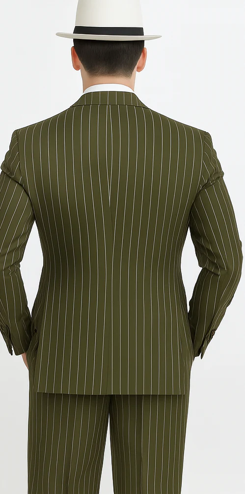 Mens Double Breasted Gangster Pinstripe Six Button Suit in Charcoal and Olive - Image 4