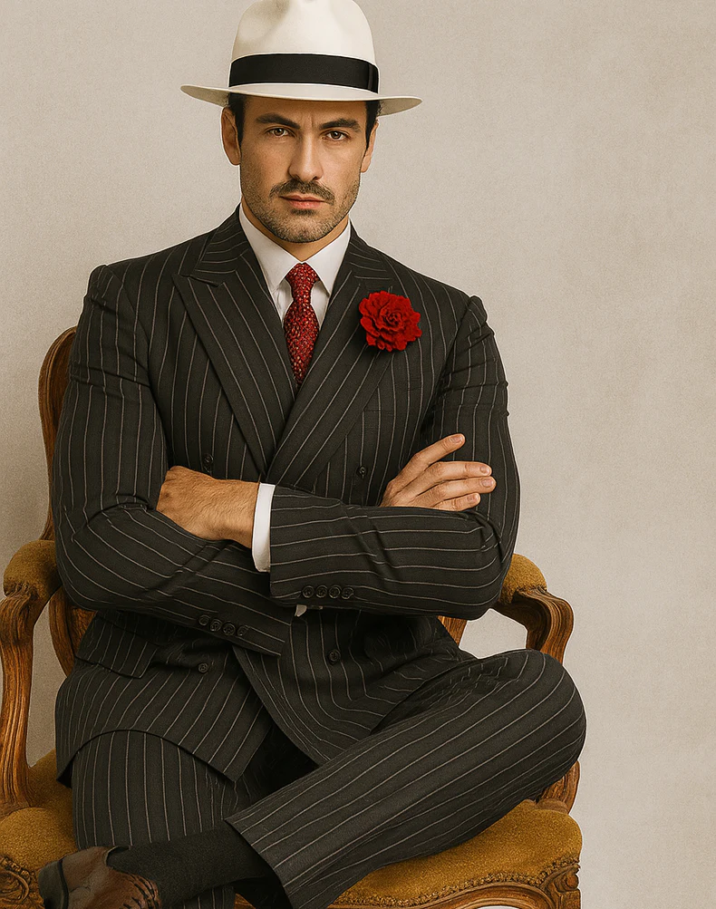 Mens Double Breasted Gangster Pinstripe Six Button Suit in Charcoal and Olive - Image 5