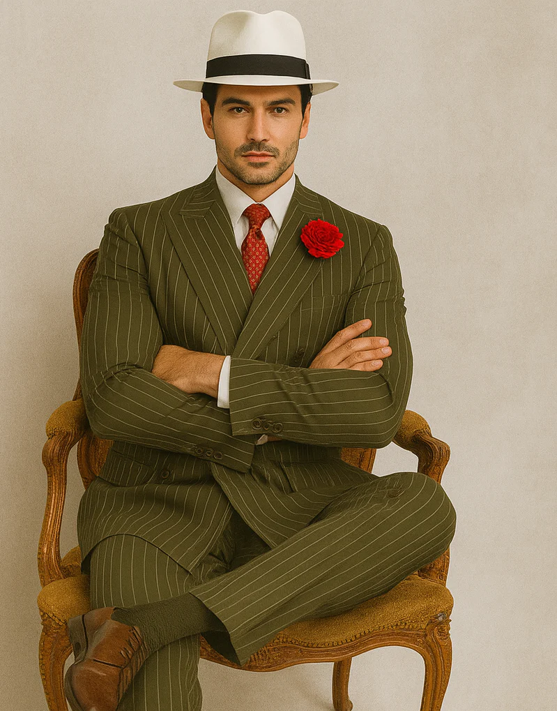 Mens Double Breasted Gangster Pinstripe Six Button Suit in Charcoal and Olive - Image 6