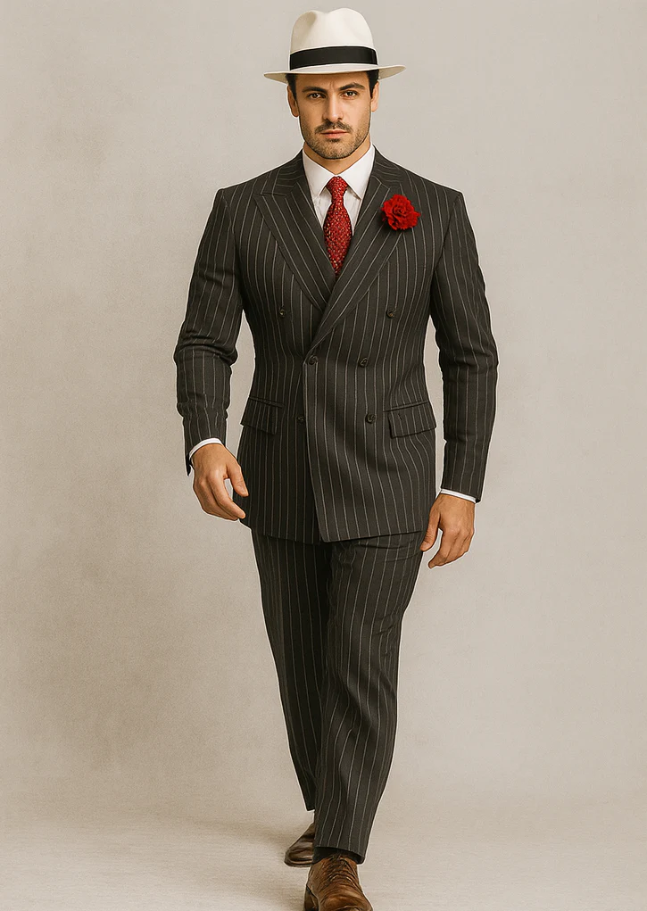 Mens Double Breasted Gangster Pinstripe Six Button Suit in Charcoal and Olive - Image 7