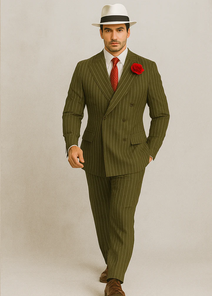 Mens Double Breasted Gangster Pinstripe Six Button Suit in Charcoal and Olive - Image 8