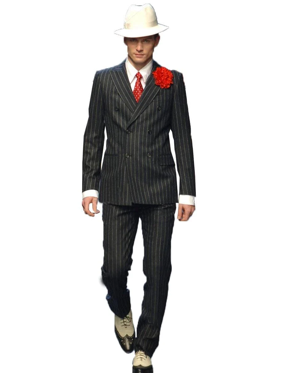 Mens Double Breasted Gangster Pinstripe Six Button Suit in Charcoal and Olive - Image 9