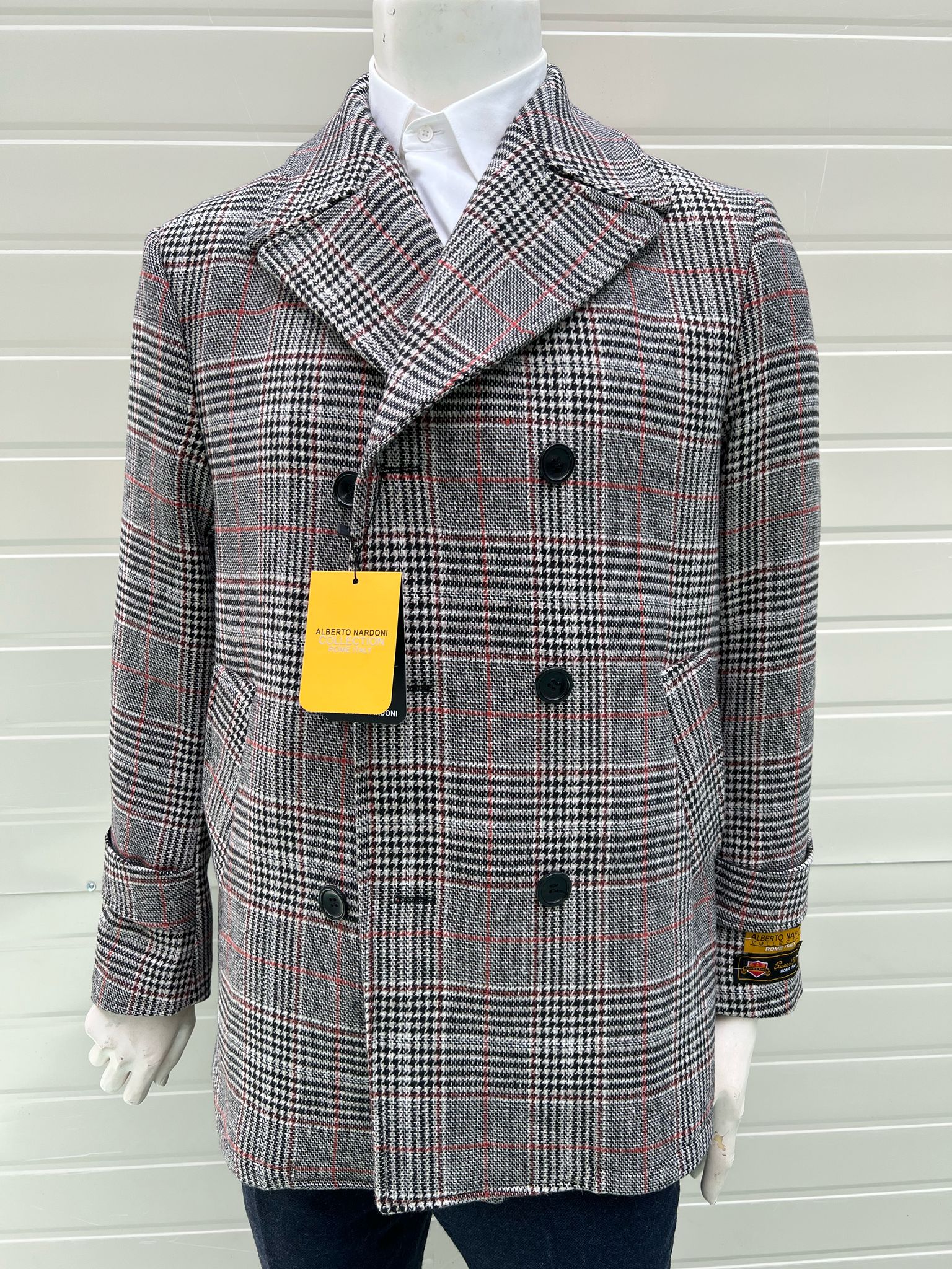 Mens Double-Breasted Houndstooth Plaid Overcoat in Black, White, and Red - Image 4