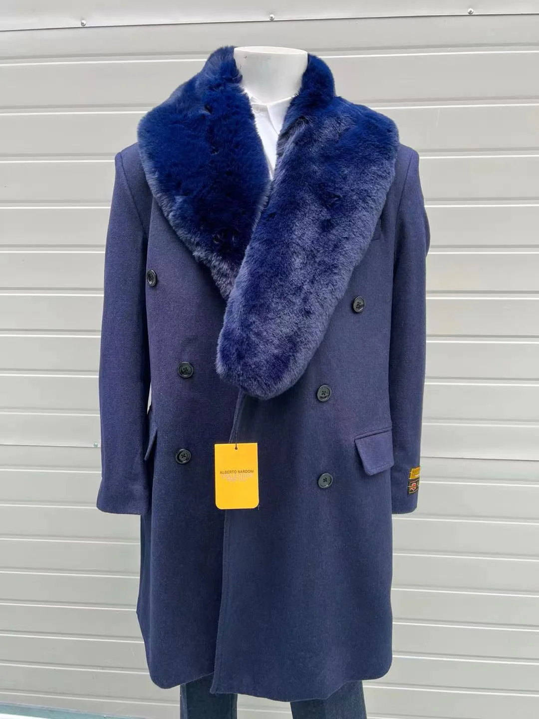Mens Double-Breasted Navy Overcoat with Plush Blue Faux Fur Collar – Alberto Nardoni Winter Coat - Image 4