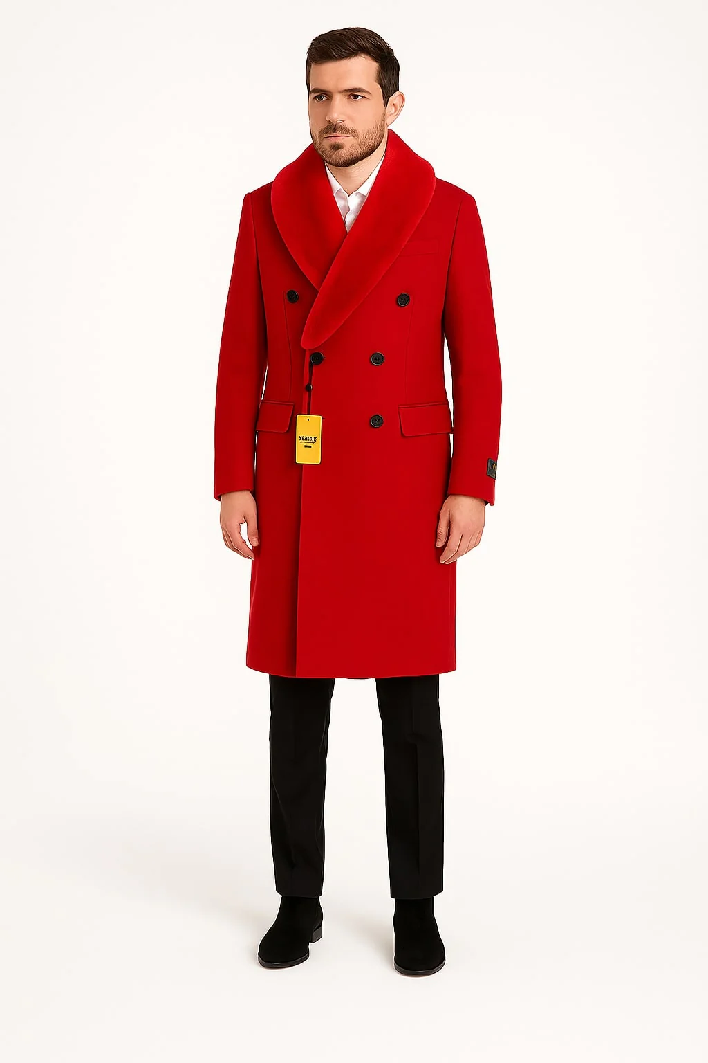 Mens Double Breasted Red Overcoat with Bold Red Faux Fur Collar – Alberto Nardoni Luxury Winter Coat