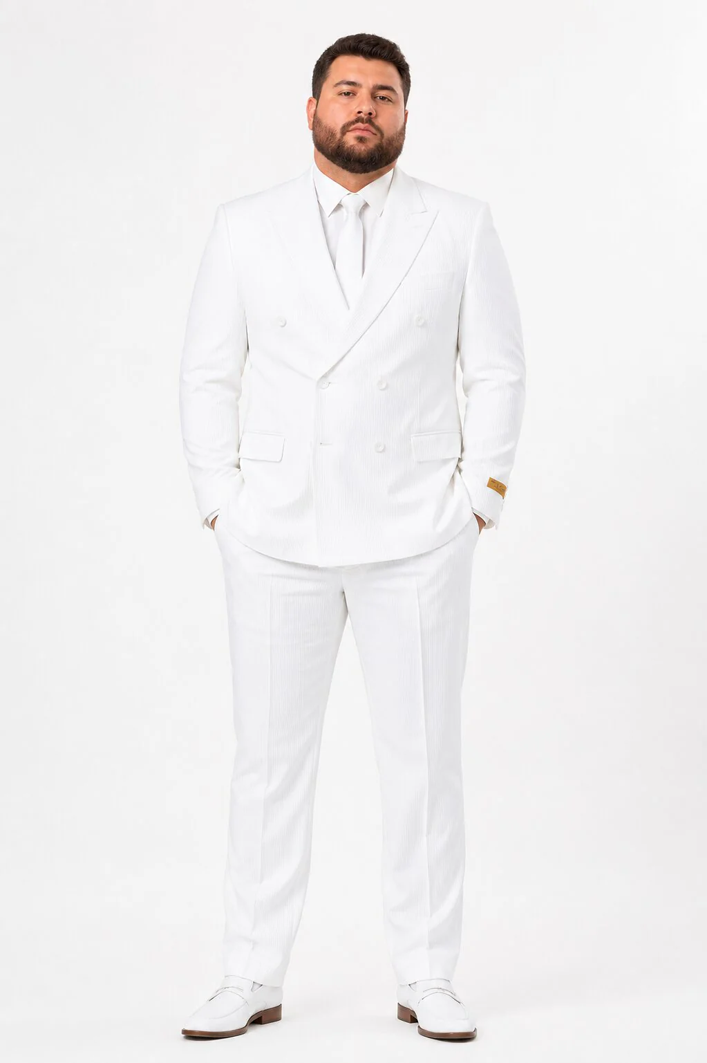 Mens Double Breasted Summer Seersucker Suit in White Pinstripe - Image 8