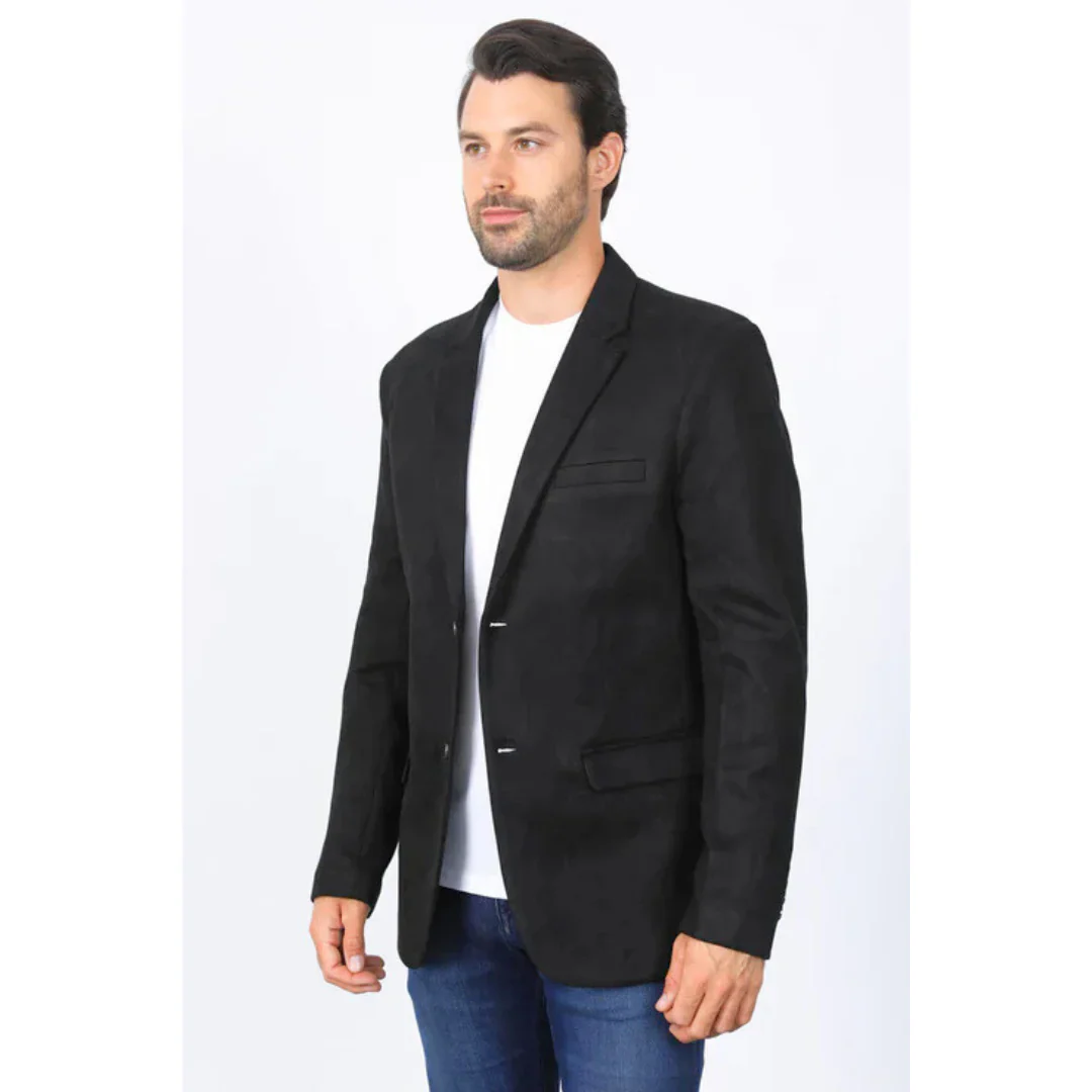 Mens Double Button Faux Suede Black Blazer - Image 2