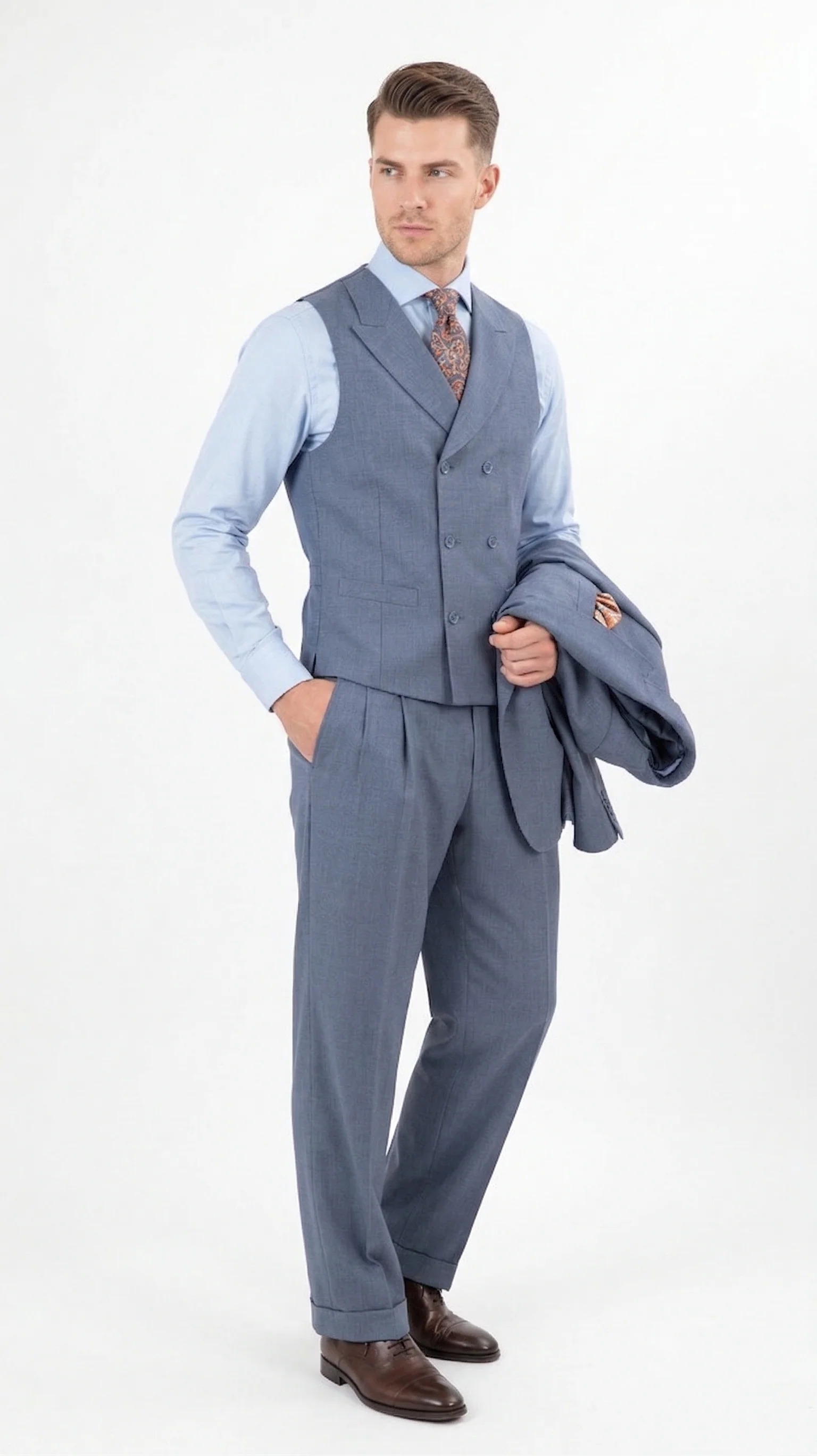 Mens Dusty Blue 3 Piece Suit 100% Wool Fabric – Classic Fit Wide Leg Pleated Pants Double Breasted Vest Formal Business Church Suit By Apollo King - Image 9