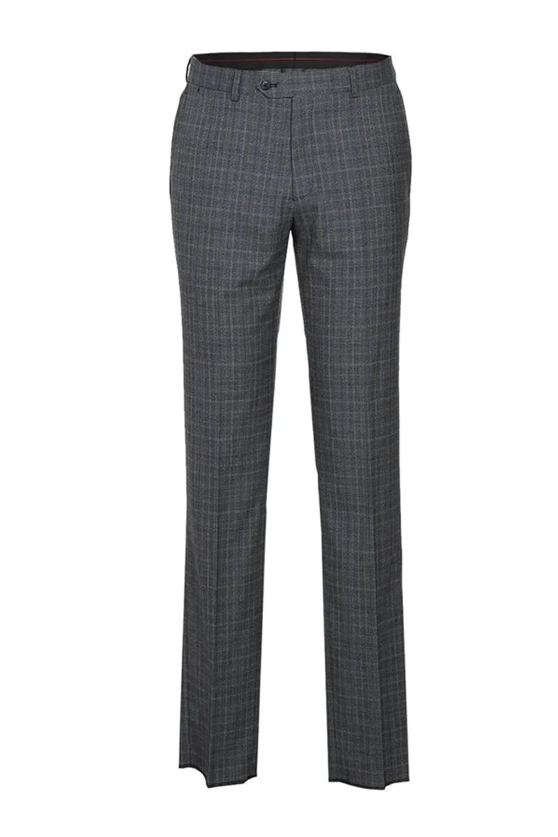 Mens Designer Slim Fit Double Breasted Suit in Light Grey Windowpane Plaid Check - Image 2