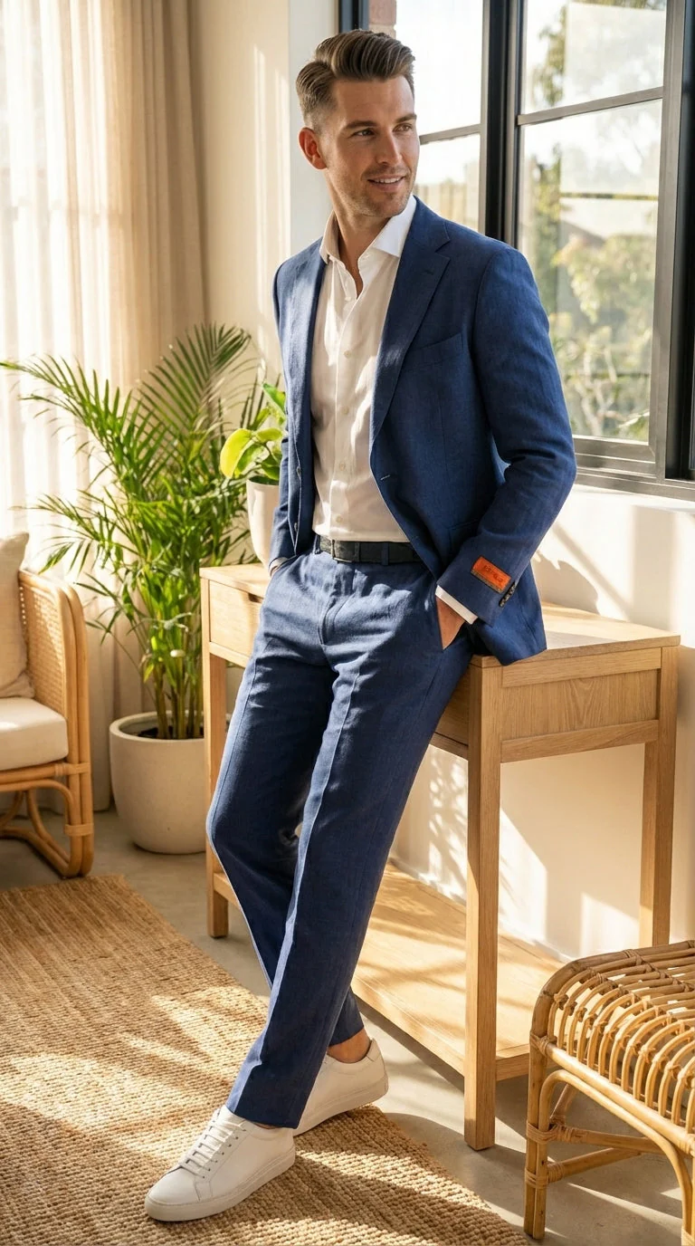 Mens Enzo Tovare Denim Blue Linen Summer Suit – Breathable Two Piece Suit for Wedding, Business, Travel - Image 11