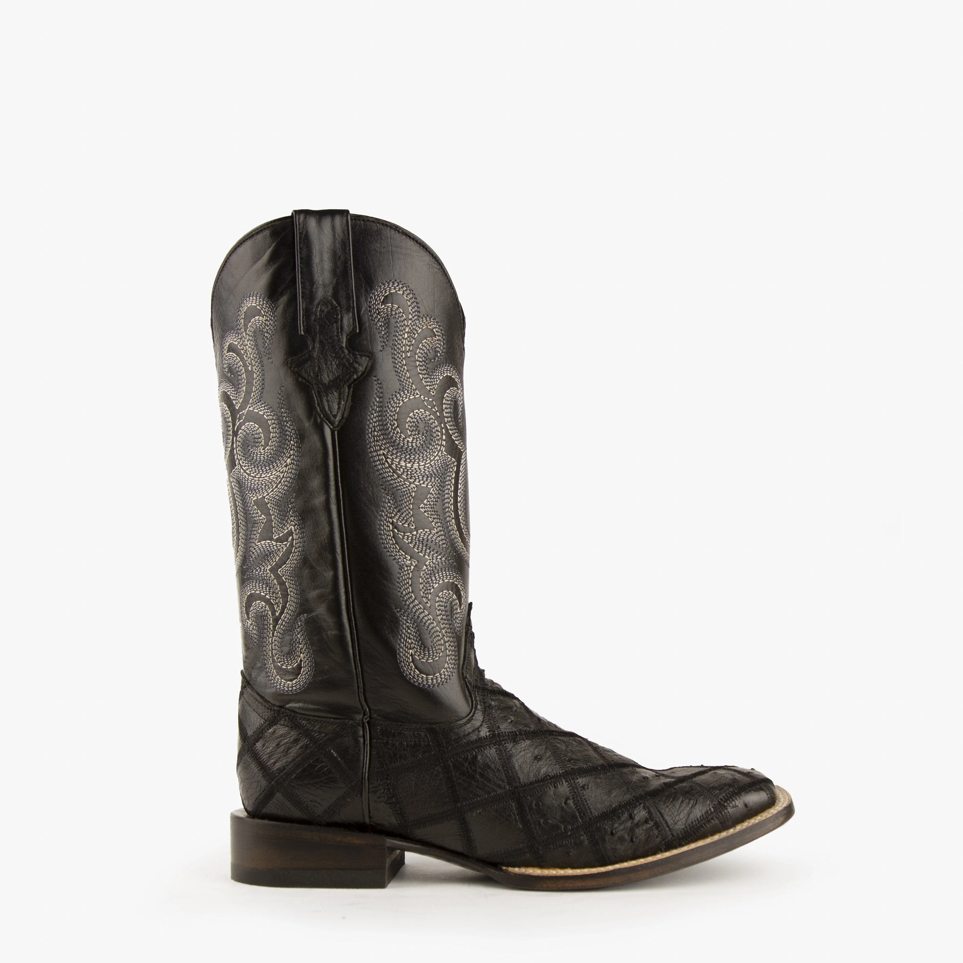 Mens Ferrini Ostrich Quill Patchwork Cowboy Boot in Black - Image 3