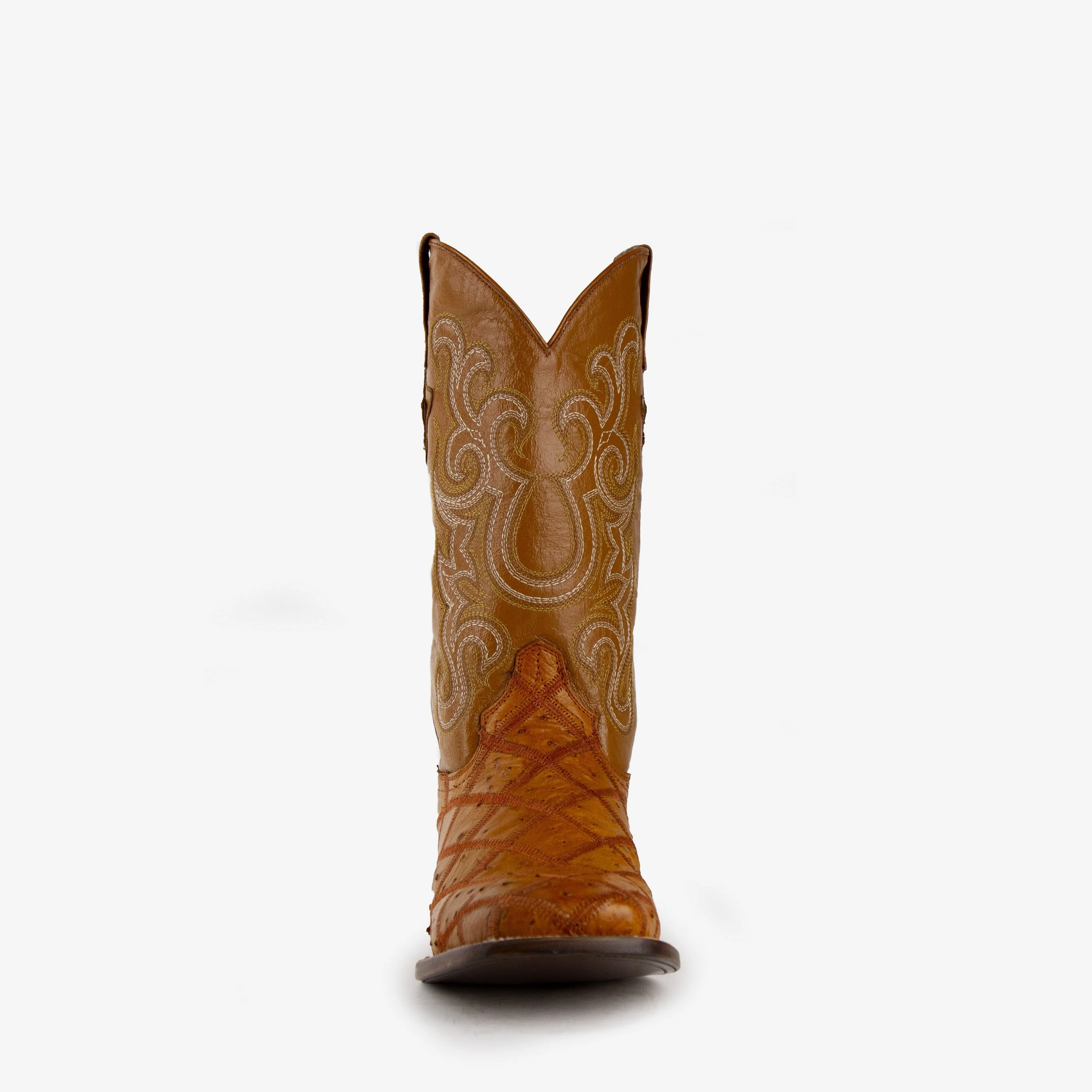 Mens Ferrini Ostrich Quill Patchwork Cowboy Boot in Cognac - Image 4