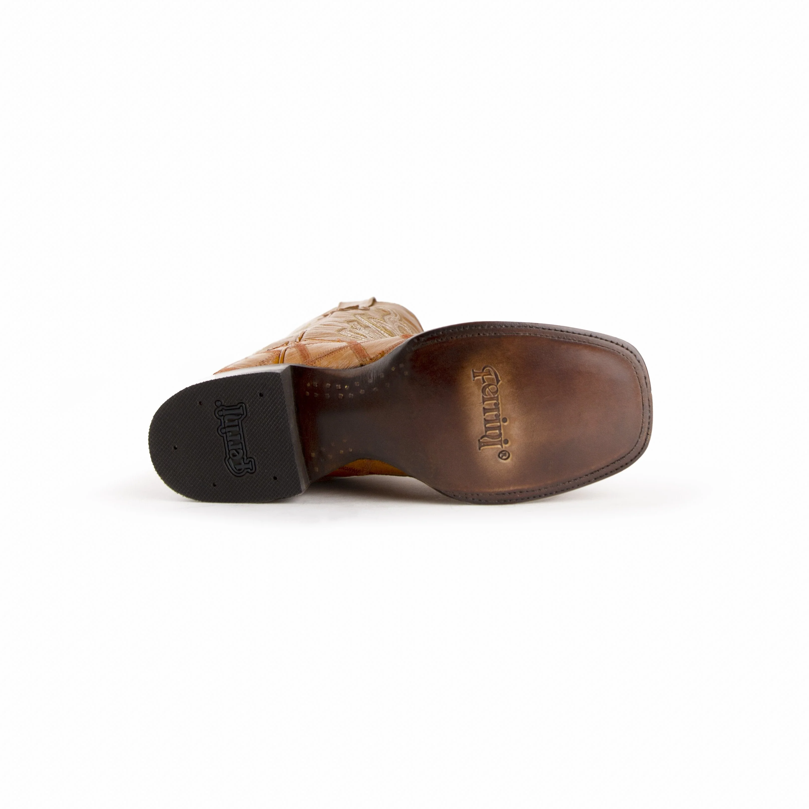 Mens Ferrini Ostrich Quill Patchwork Cowboy Boot in Cognac - Image 6