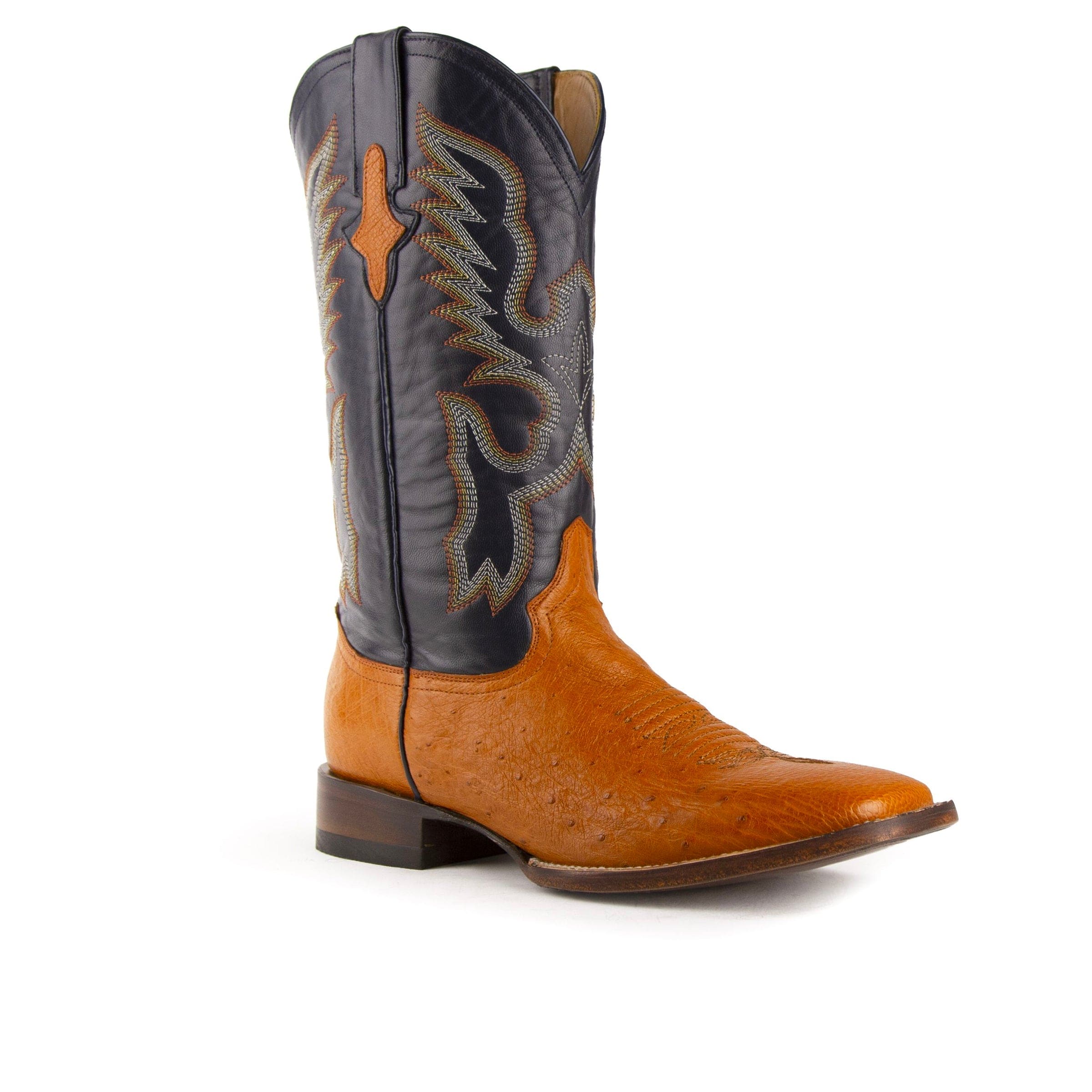 Mens Ferrini Square Toe Smooth Ostrich Cowboy Boot in Black & Saddle - Image 7