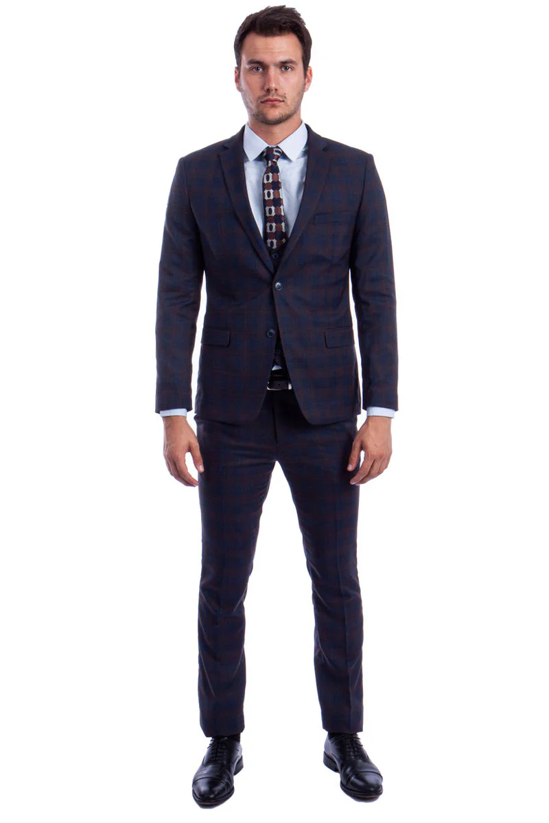 "Men's Fit Two Button Plaid Suit with Low Cut Vest - Blue & Brown" - Image 2